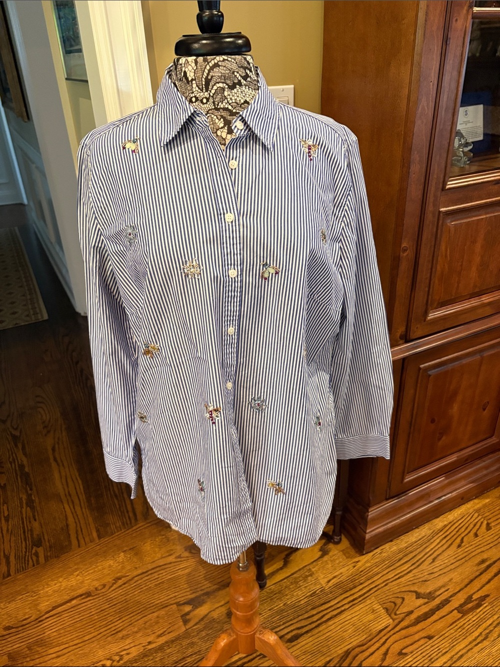 Talbots Embellished Blue and White Striped Button Down Shirt - Large